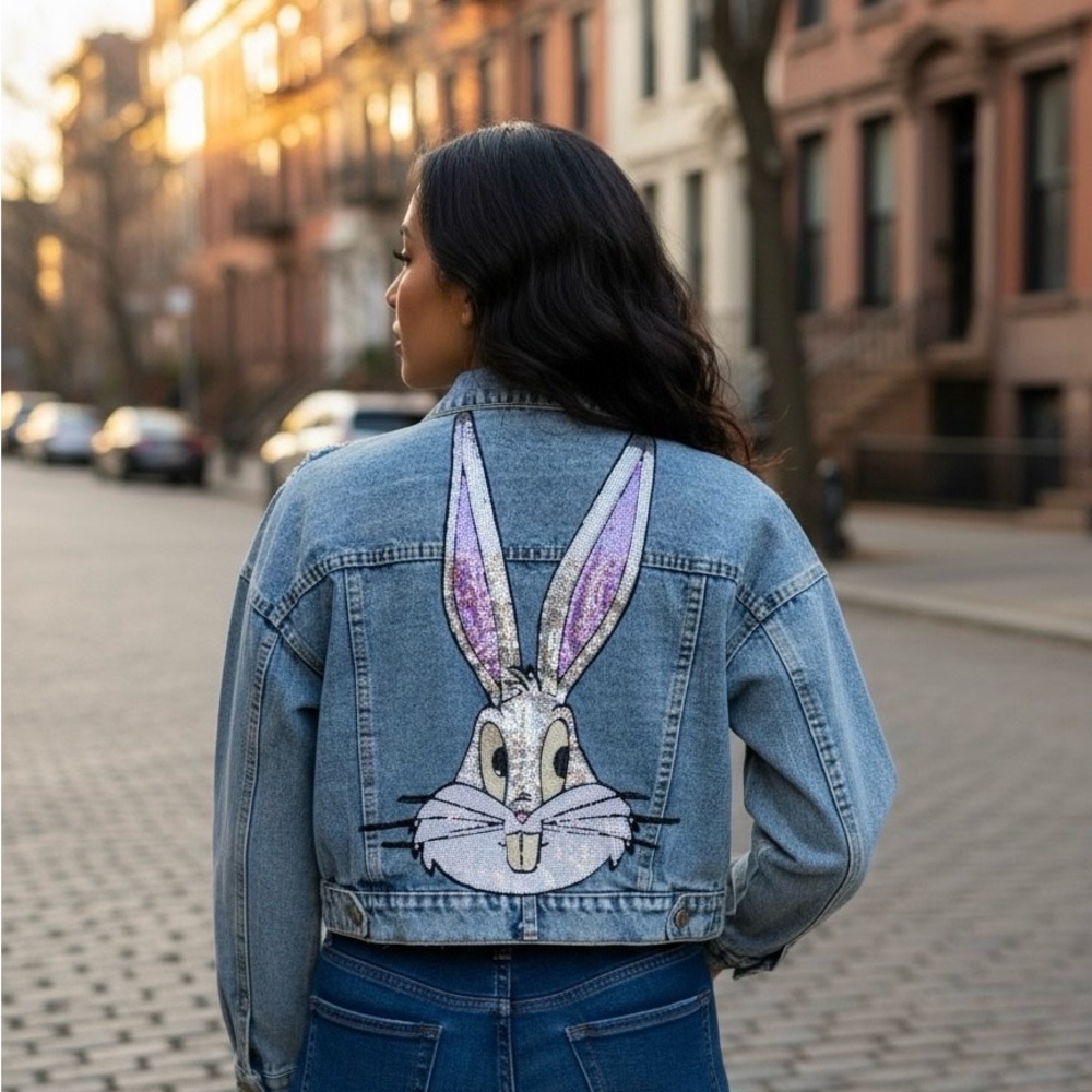 Playful Blue Denim Jacket with Cartoon Design